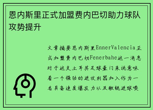 恩内斯里正式加盟费内巴切助力球队攻势提升