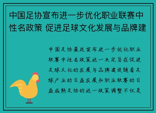 中国足协宣布进一步优化职业联赛中性名政策 促进足球文化发展与品牌建设 中国足协宣布进一步优化职业联赛中性名政策 促进足球文化发展与品牌建设